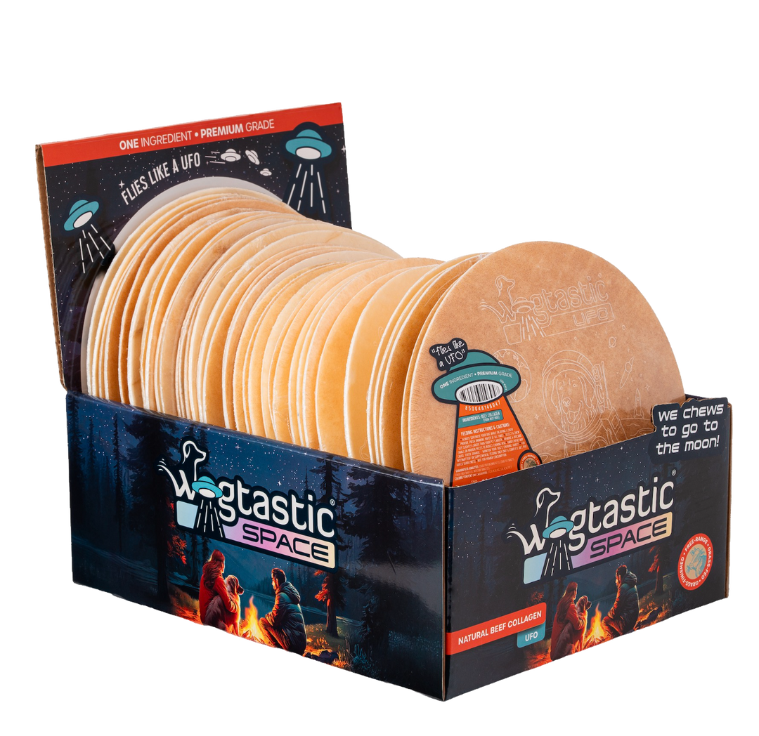 Wagtastic Space natural beef collagen UFO discs in display box