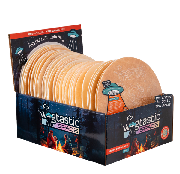 Wagtastic Space natural beef collagen UFO discs in display box